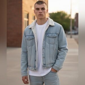 Forever 21 Men's Denim Jacket with Sherpa Collar